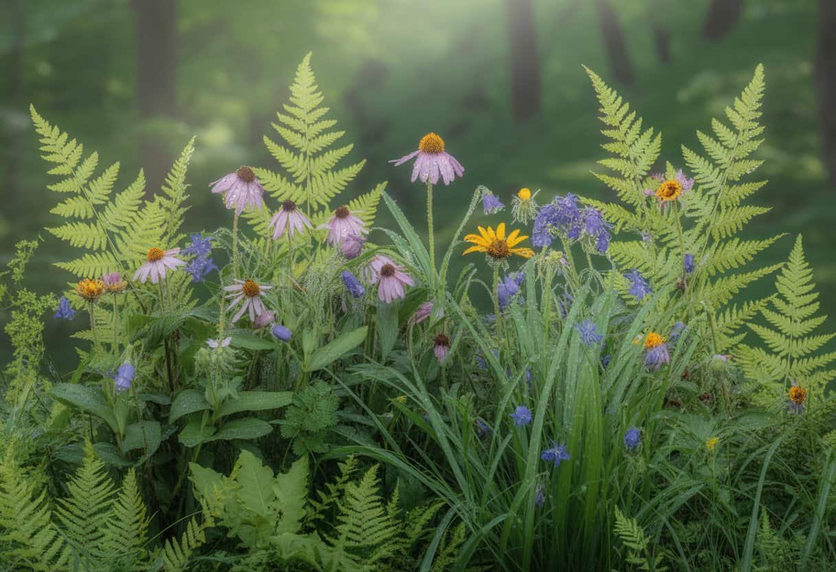 Kentucky Native Plants: A Guide to Indigenous Flora for Your Garden 3 A close-up view of wildflowers and green ferns growing together on a forest floor in Kentucky.