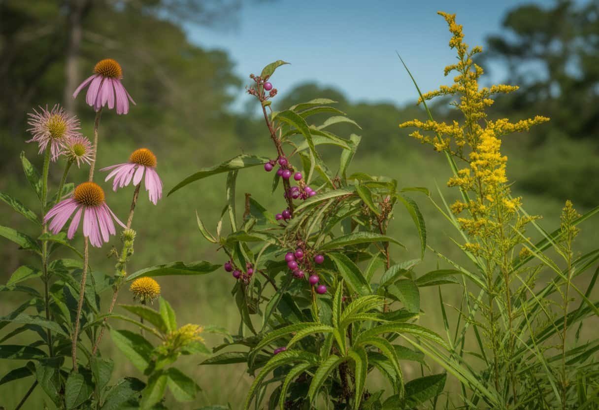 South Carolina Native Plants: Essential Guide for Sustainable Landscapes 1 A collection of South Carolina native plants including purple coneflowers, beautyberry bushes, palmetto fronds, and goldenrod in a sunny outdoor setting.