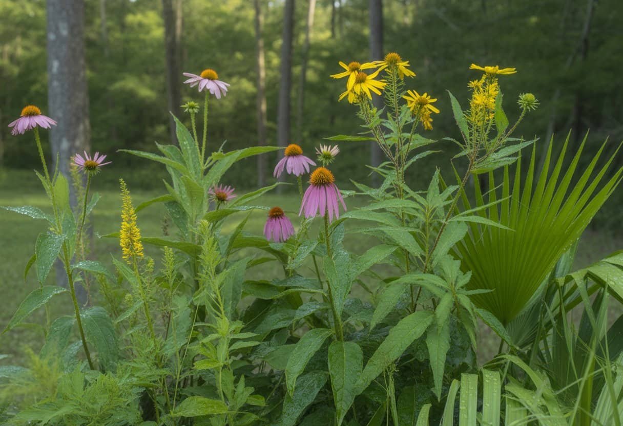 South Carolina Native Plants: Essential Guide for Sustainable Landscapes 2 Close-up of native South Carolina plants including purple coneflowers, yellow Carolina jessamine flowers, and green palmetto leaves in a sunlit forest setting.