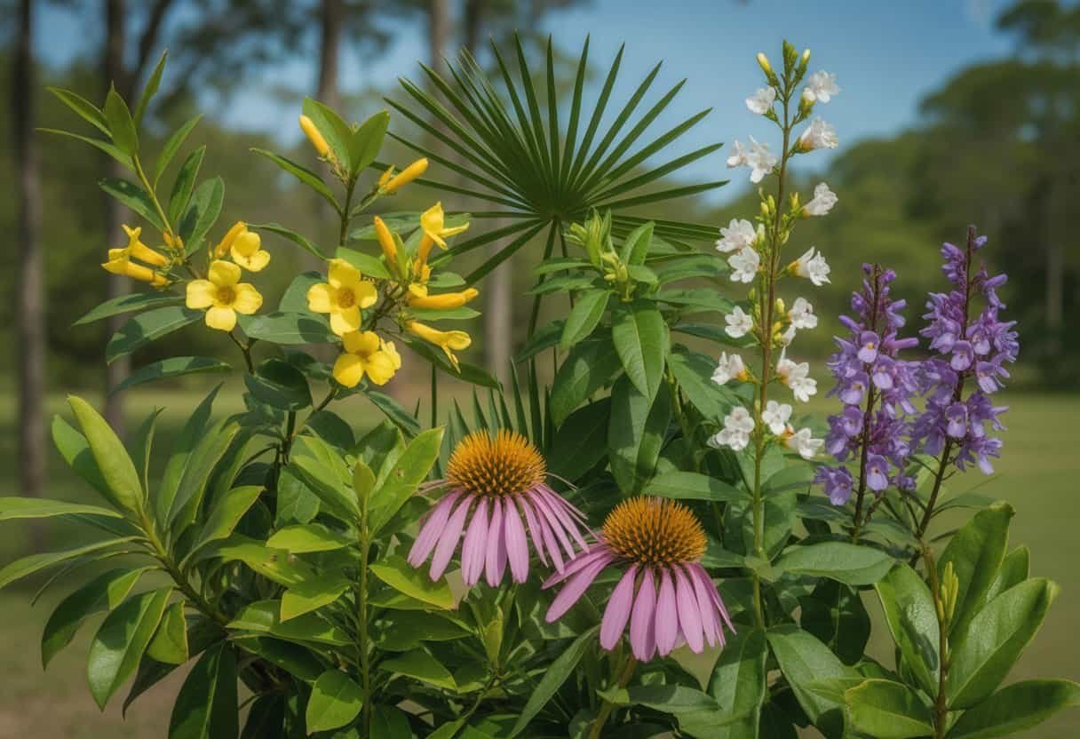South Carolina Native Plants: Essential Guide for Sustainable Landscapes 3 A variety of South Carolina native plants including yellow jasmine, palmetto palm, purple coneflowers, and eastern redbud flowers in a natural outdoor setting.
