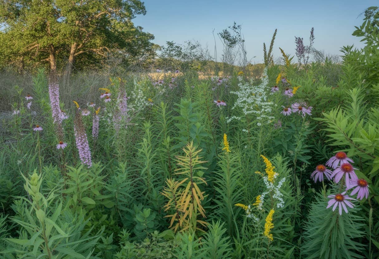 Arkansas Native Plants: A Guide to Indigenous Flora for Your Landscape 1 A variety of Arkansas native plants including purple coneflowers, cardinal flowers, and goldenrod growing in a natural outdoor setting with trees and blue sky in the background.