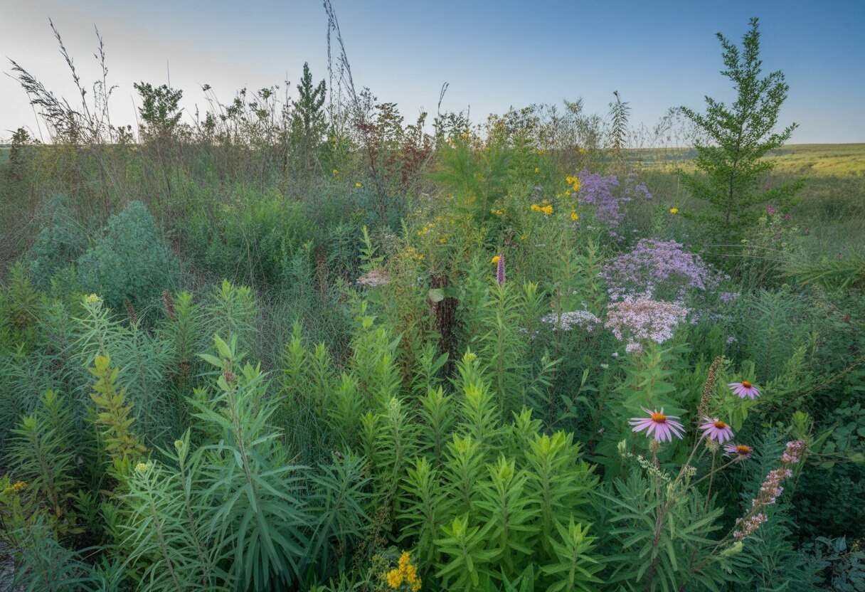 Arkansas Native Plants: A Guide to Indigenous Flora for Your Landscape 2 A natural Arkansas landscape filled with diverse native plants including wildflowers, grasses, and shrubs under a clear blue sky.