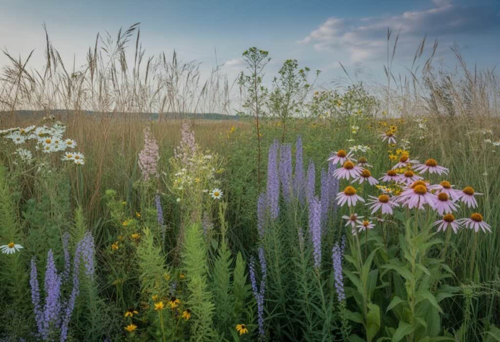 A prairie landscape with tall grasses and colorful wildflowers native to Iowa under a blue sky.
