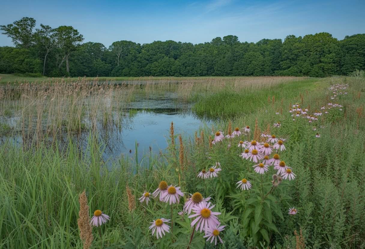 Iowa Native Plants: A Guide to Indigenous Flora for Sustainable Landscapes 2 A diverse Iowa landscape showing tallgrass prairie, wetland with cattails, and a deciduous forest under a clear blue sky.