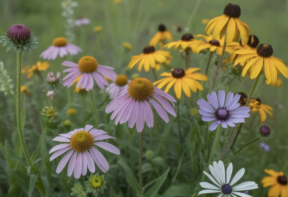 Iowa Native Plants: A Guide to Indigenous Flora for Sustainable Landscapes 3 Close-up of colorful Iowa native wildflowers and plants growing in a green prairie landscape.