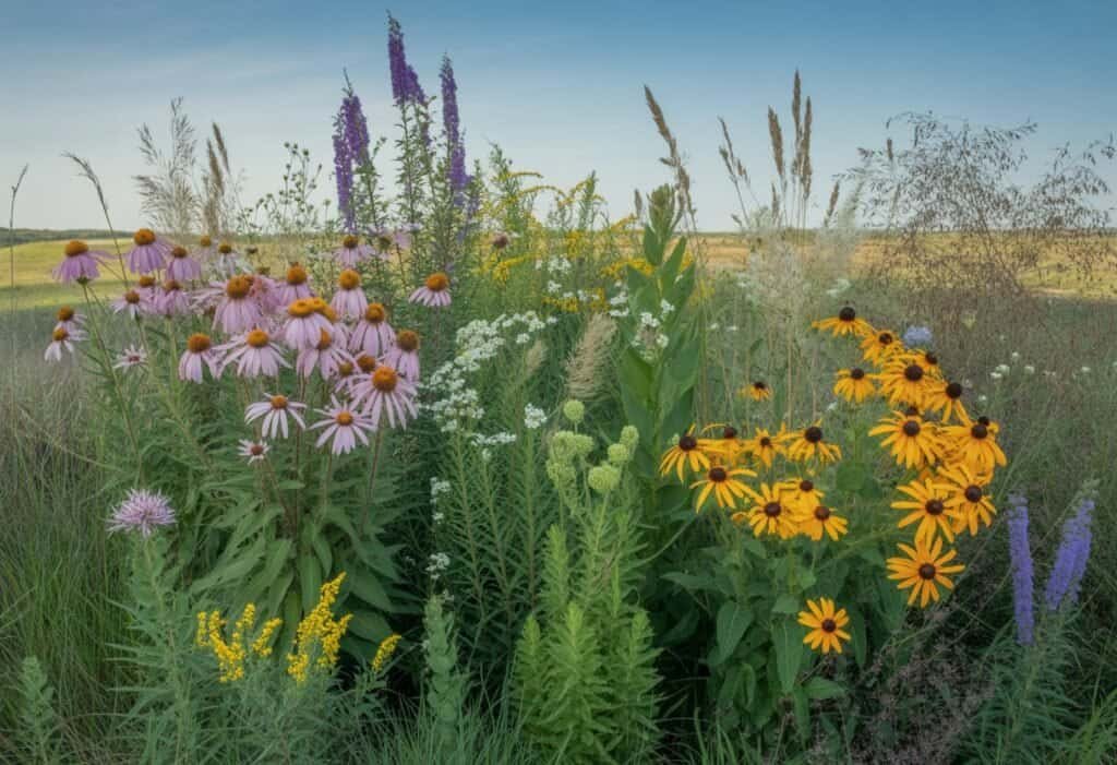 A sunlit open field with various native Kansas plants including wildflowers and grasses under a clear blue sky.