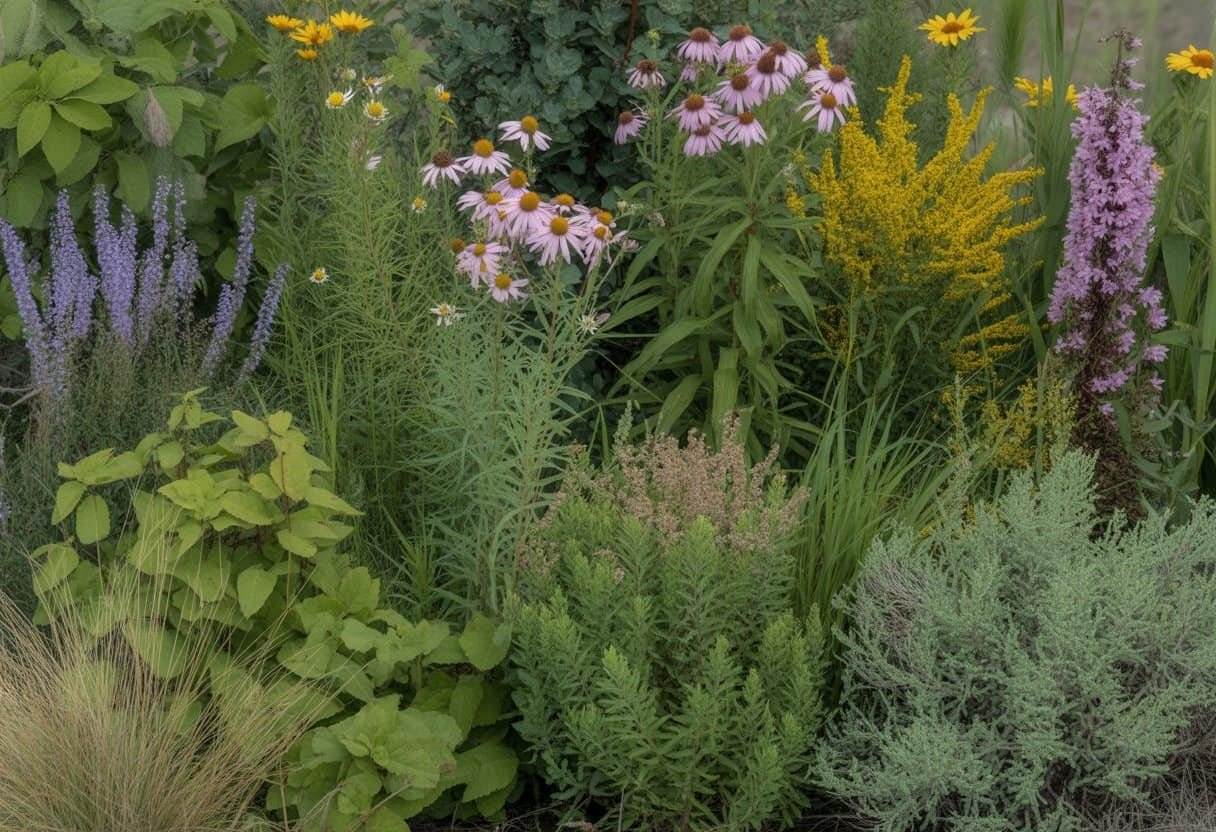 Kansas Native Plants: A Guide to Indigenous Flora for Your Garden 3 A variety of native Kansas plants including wildflowers, grasses, shrubs, and small trees in a natural outdoor setting.