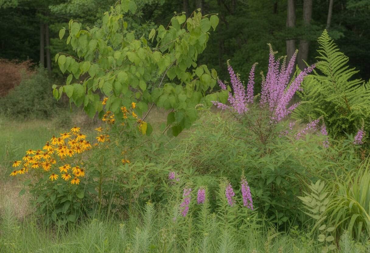NJ Native Plants: Essential Guide for Garden Biodiversity 1 A variety of native New Jersey plants including trees, shrubs, and wildflowers in a natural outdoor setting.