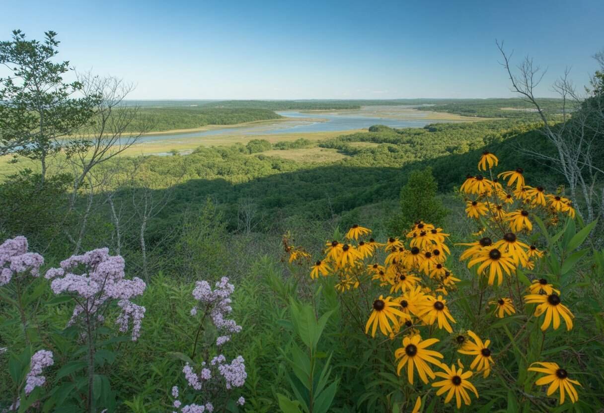 NJ Native Plants: Essential Guide for Garden Biodiversity 2 Panoramic view of New Jersey's natural landscape showing forests, wetlands, hills, and native plants like mountain laurel and black-eyed susans under a clear blue sky.