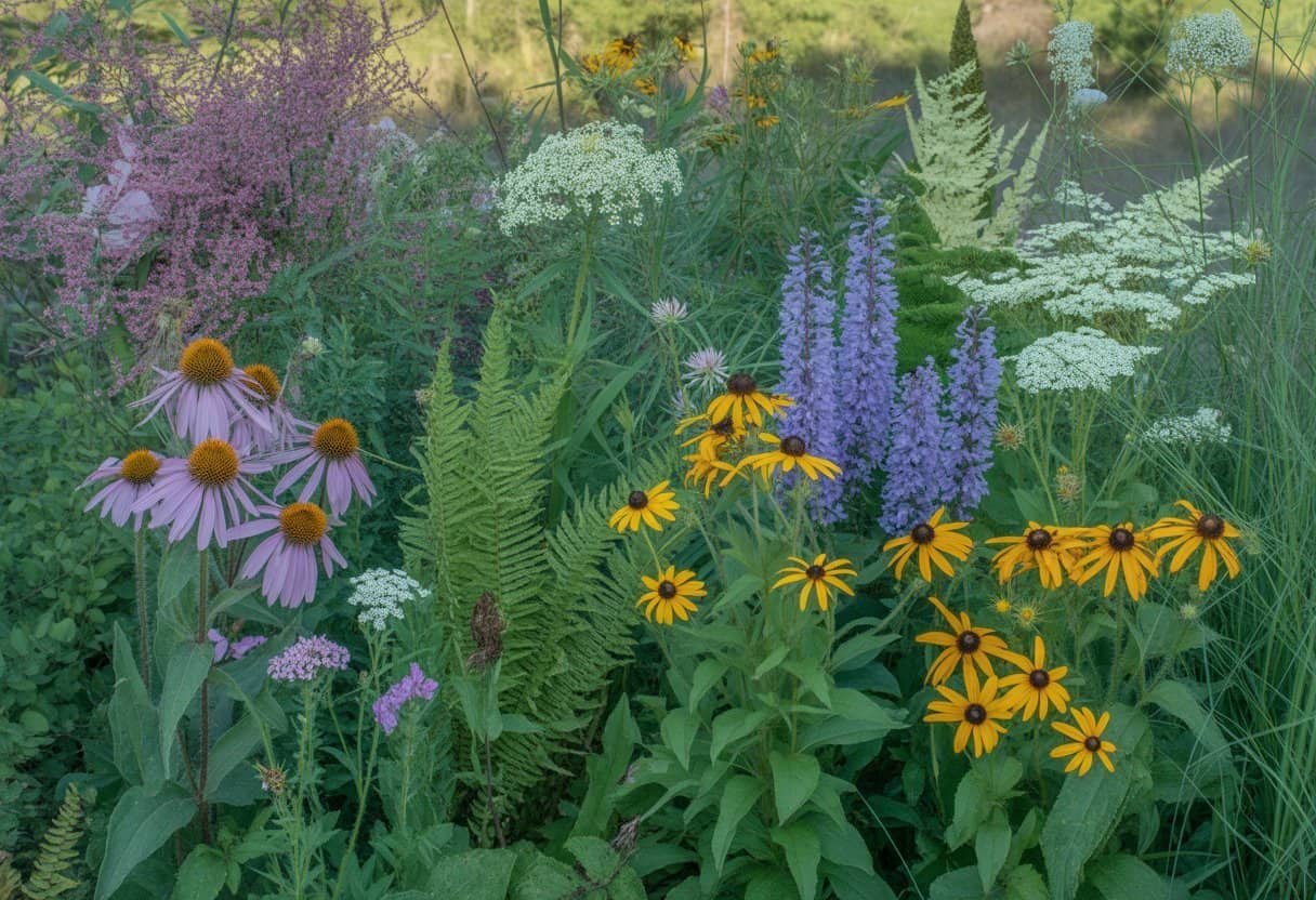 NJ Native Plants: Essential Guide for Garden Biodiversity 3 A variety of native New Jersey plants including wildflowers and shrubs growing in a natural outdoor setting.