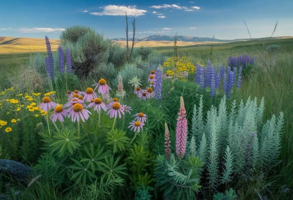 A variety of Montana native plants including wildflowers and grasses growing in a natural landscape with hills and mountains in the background.