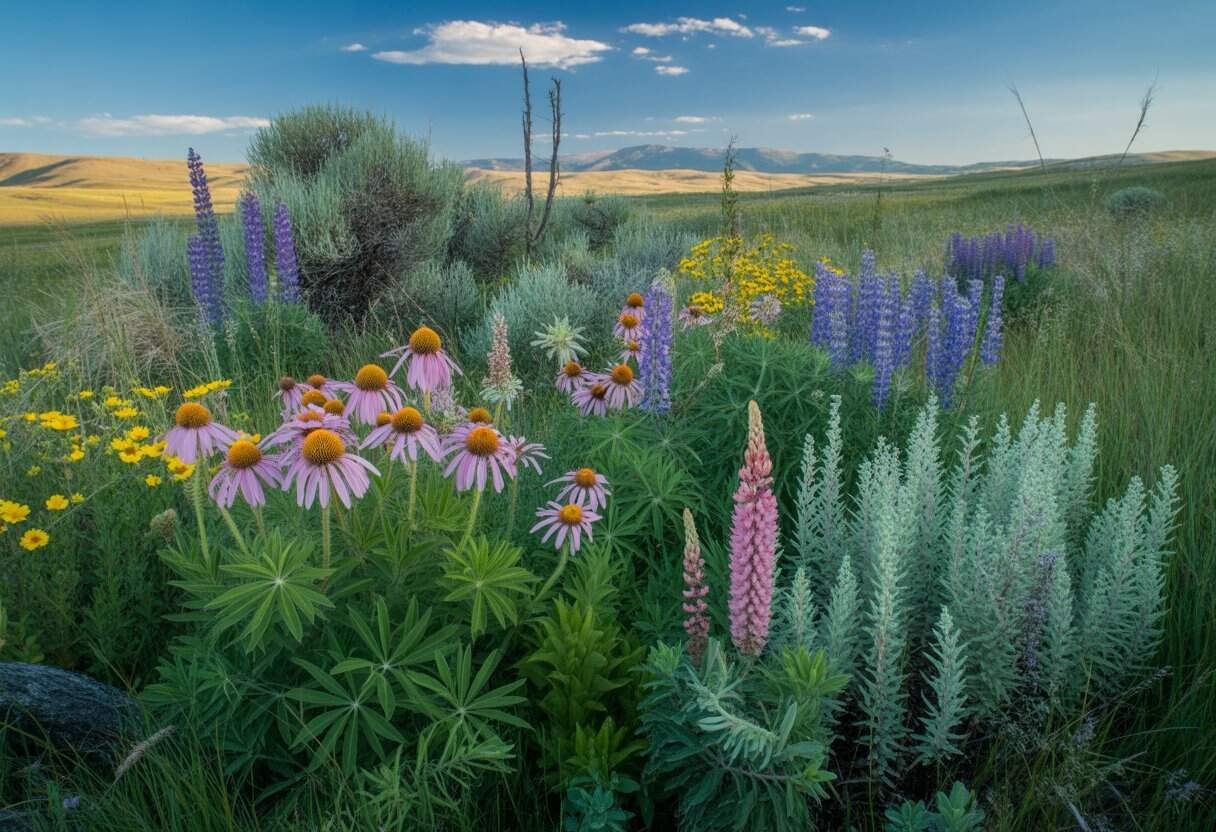 Montana Native Plants: A Guide to Indigenous Flora of the Treasure State 1 A variety of Montana native plants including wildflowers and grasses growing in a natural landscape with hills and mountains in the background.