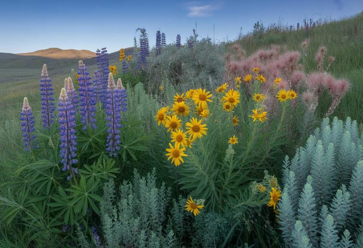 Montana Native Plants: A Guide to Indigenous Flora of the Treasure State 2 A variety of native Montana plants including purple lupines, yellow balsamroot flowers, and wispy prairie smoke growing in a grassy hillside under a clear blue sky.