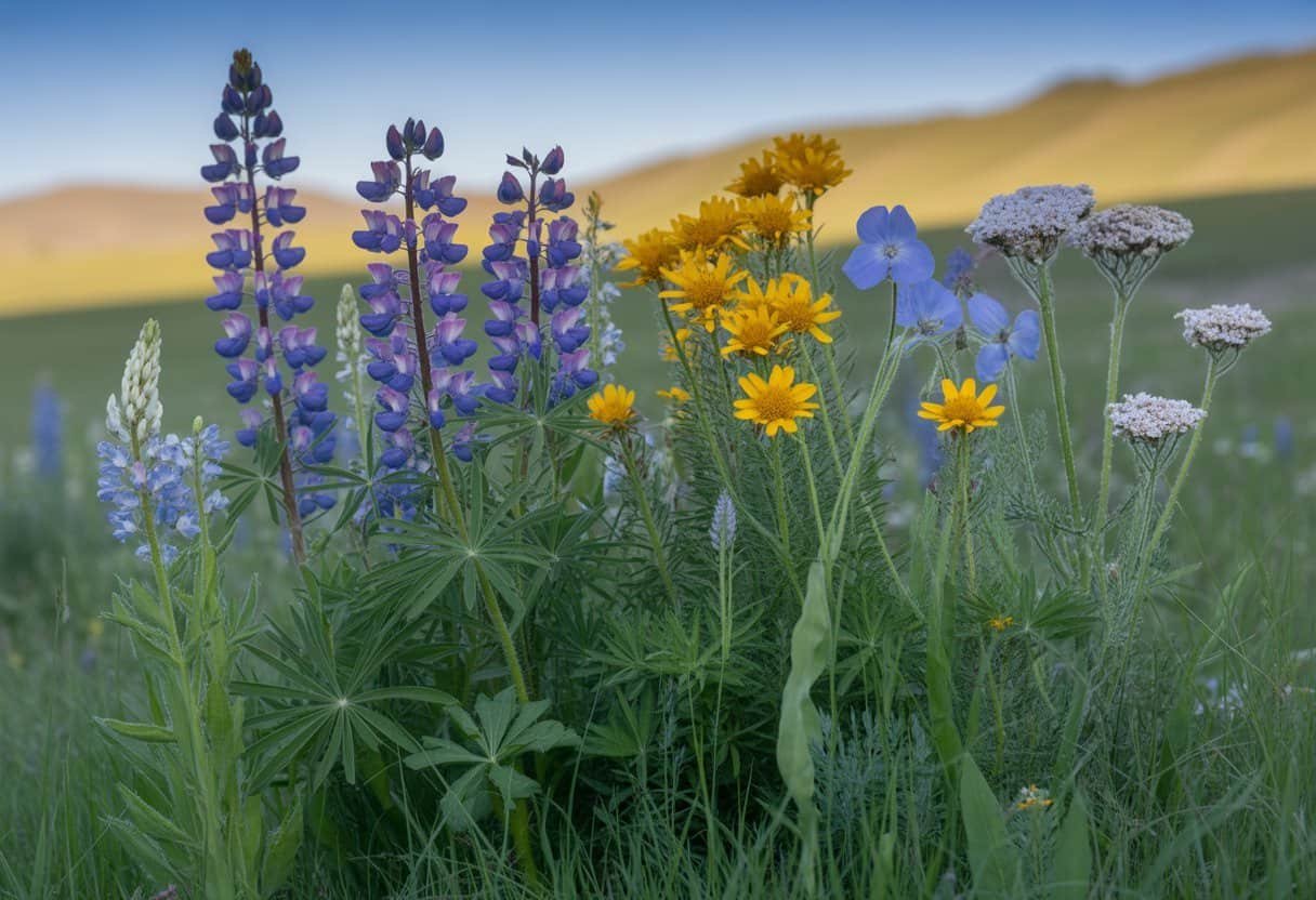 Montana Native Plants: A Guide to Indigenous Flora of the Treasure State 3 A meadow filled with colorful native wildflowers and green grasses under a clear blue sky with rolling hills in the background.