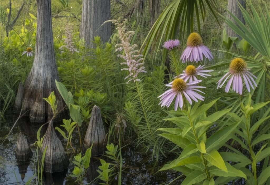 A variety of Louisiana native plants including bald cypress trees, purple coneflowers, swamp milkweed, and goldenrod in a wetland setting with sunlight filtering through the trees.