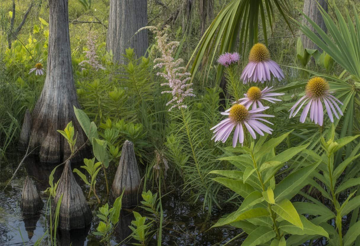Louisiana Native Plants: A Guide to Indigenous Flora for Your Garden 1 A variety of Louisiana native plants including bald cypress trees, purple coneflowers, swamp milkweed, and goldenrod in a wetland setting with sunlight filtering through the trees.
