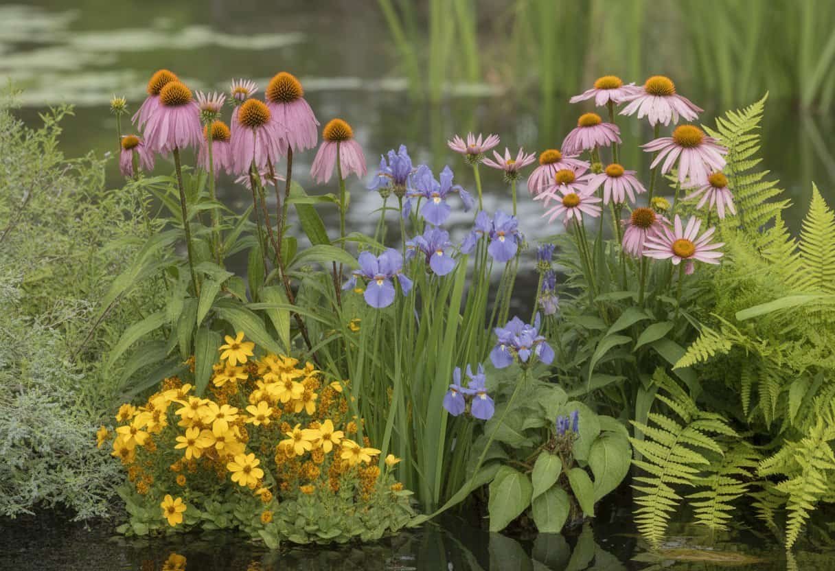 Louisiana Native Plants: A Guide to Indigenous Flora for Your Garden 2 A collection of colorful native Louisiana plants including purple coneflowers, blue swamp irises, yellow coreopsis, and green ferns growing in a wetland environment.