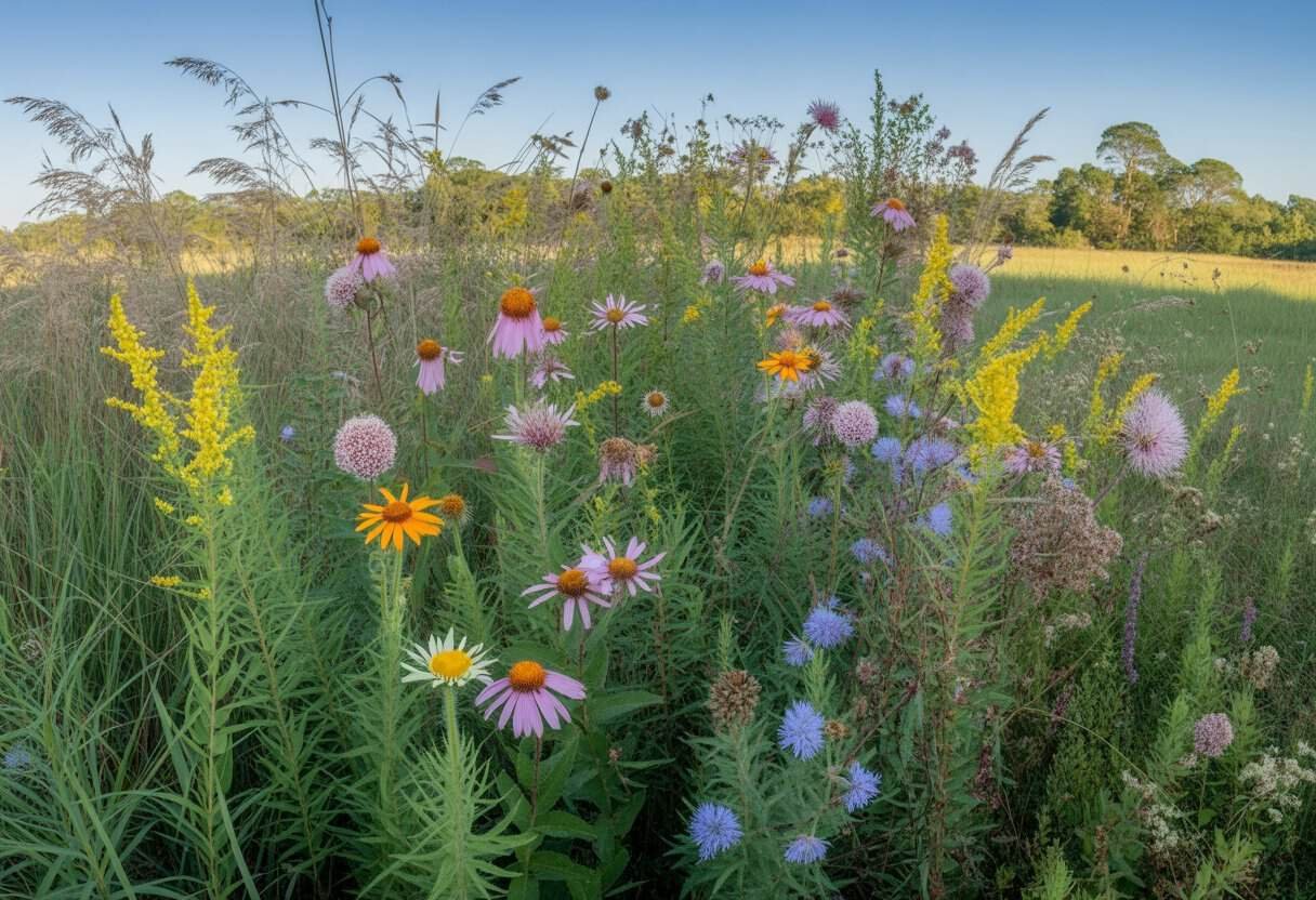 Louisiana Native Plants: A Guide to Indigenous Flora for Your Garden 3 A sunlit meadow filled with colorful wildflowers and tall grasses native to Louisiana, with a background of green wetlands and cypress trees under a clear blue sky.