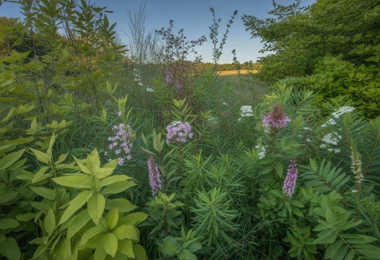Native Plants Connecticut: A Guide to Local Flora for Sustainable Landscapes 1 A natural scene with various native plants and wildflowers growing in a green Connecticut landscape under sunlight.