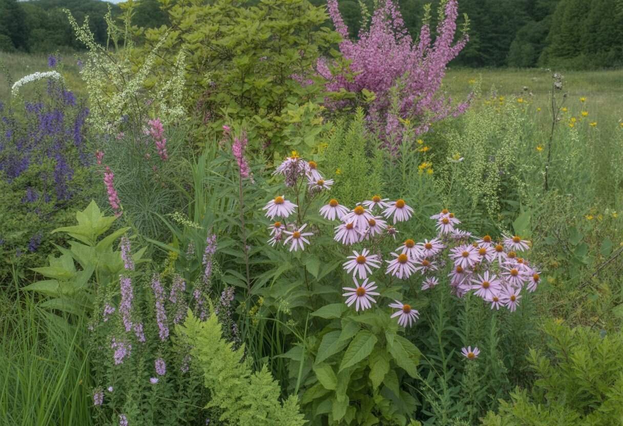Native Plants Connecticut: A Guide to Local Flora for Sustainable Landscapes 2 A variety of native Connecticut plants including flowering shrubs and wildflowers growing naturally in a green garden with a forest edge in the background.