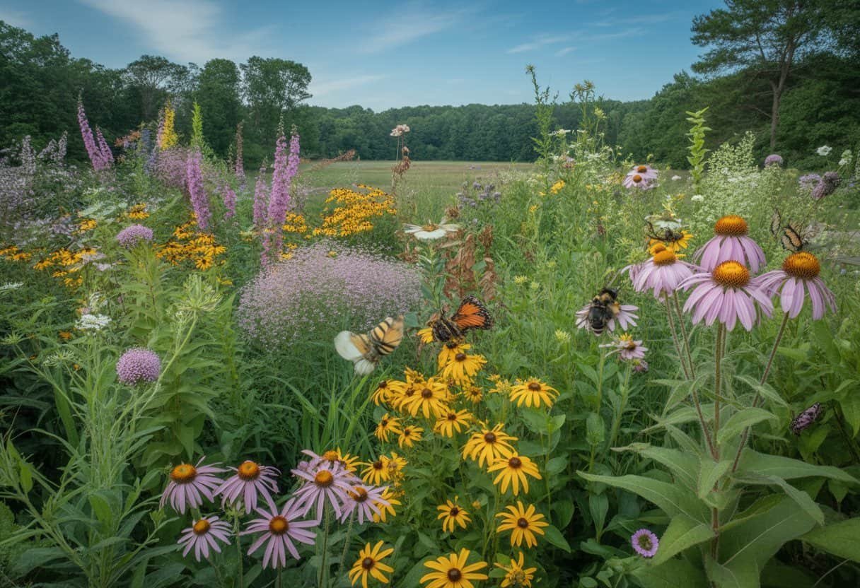 Native Plants Connecticut: A Guide to Local Flora for Sustainable Landscapes 3 A colorful garden of native Connecticut plants with wildflowers, butterflies, bees, and a forest in the background on a sunny day.