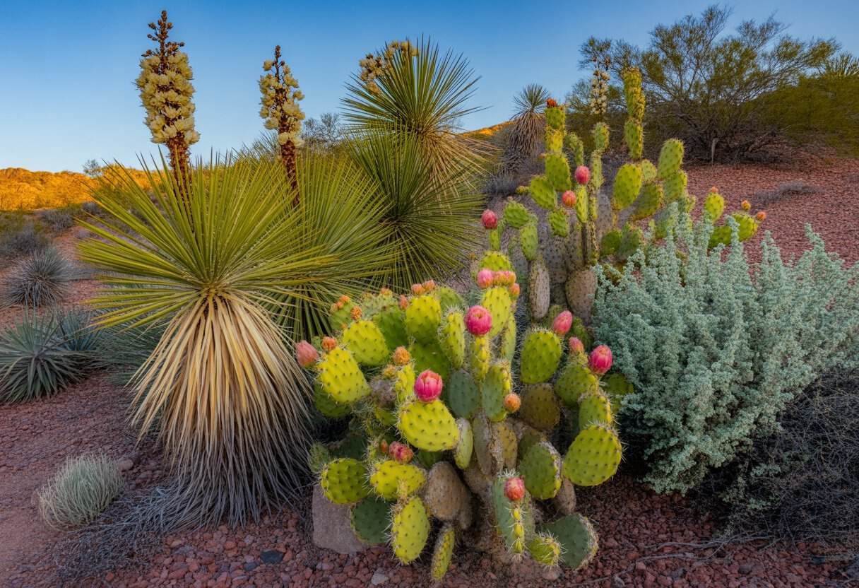 New Mexico Native Plants: A Guide to Indigenous Flora for Sustainable Landscaping 1 A desert landscape with native New Mexico plants including yucca, prickly pear cacti, and desert sage under a clear blue sky.