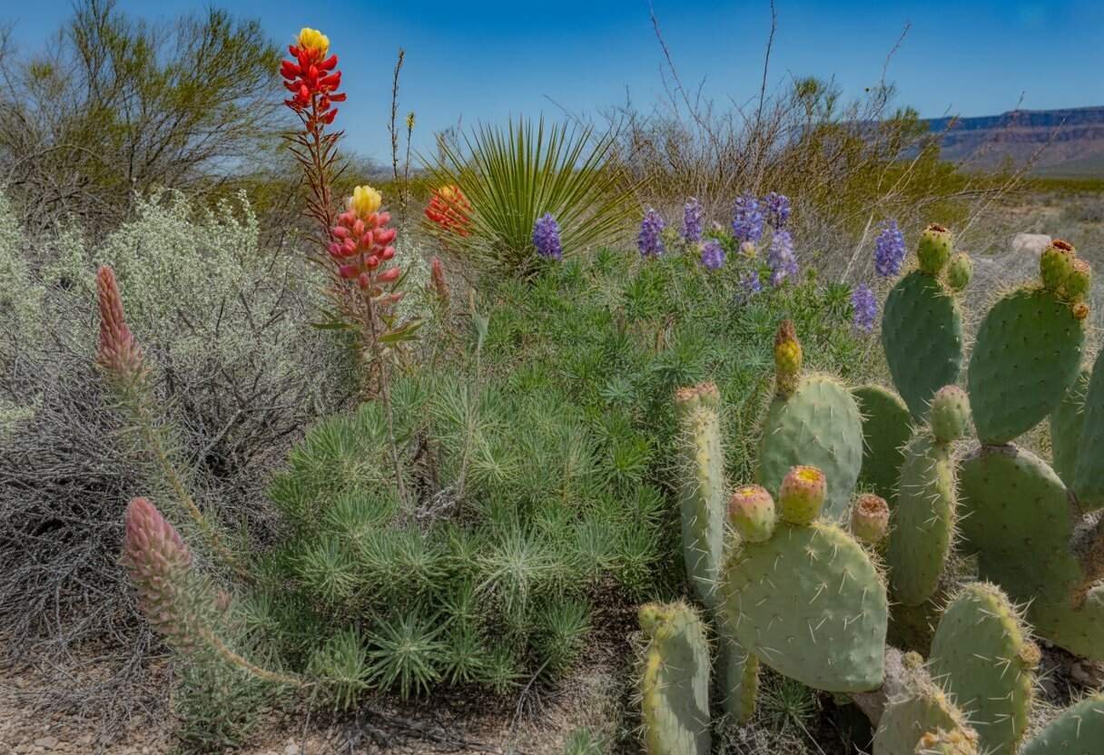 New Mexico Native Plants: A Guide to Indigenous Flora for Sustainable Landscaping 2 A variety of native New Mexico plants including Indian Paintbrush, Desert Lupine, sagebrush, and prickly pear cactus in a sunny desert landscape with mesas in the background.