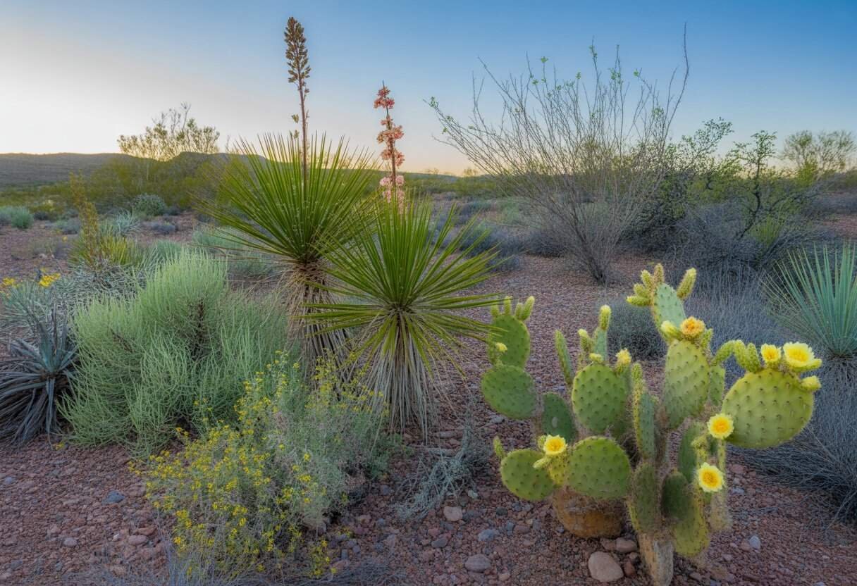 New Mexico Native Plants: A Guide to Indigenous Flora for Sustainable Landscaping 3 A sunlit desert landscape in New Mexico featuring native plants like sagebrush, yucca, prickly pear cacti, and wildflowers against hills and a clear blue sky.