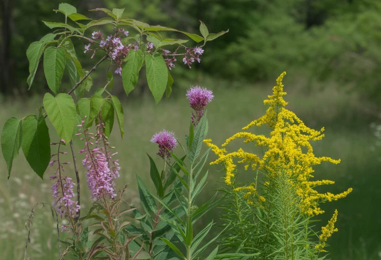New York Native Plants: Essential Guide to Indigenous Flora for Your Garden 1 A variety of green plants and colorful flowers native to New York growing naturally outdoors with trees and meadow in the background.