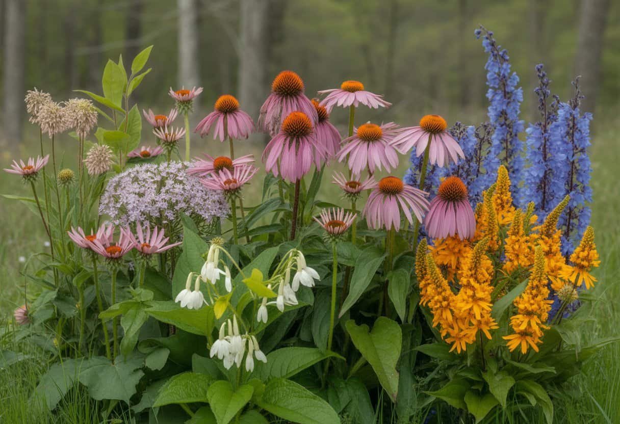New York Native Plants: Essential Guide to Indigenous Flora for Your Garden 2 A variety of colorful New York native plants including purple coneflowers, butterfly weed, trillium, and wild indigo growing naturally in a sunny woodland or meadow setting.