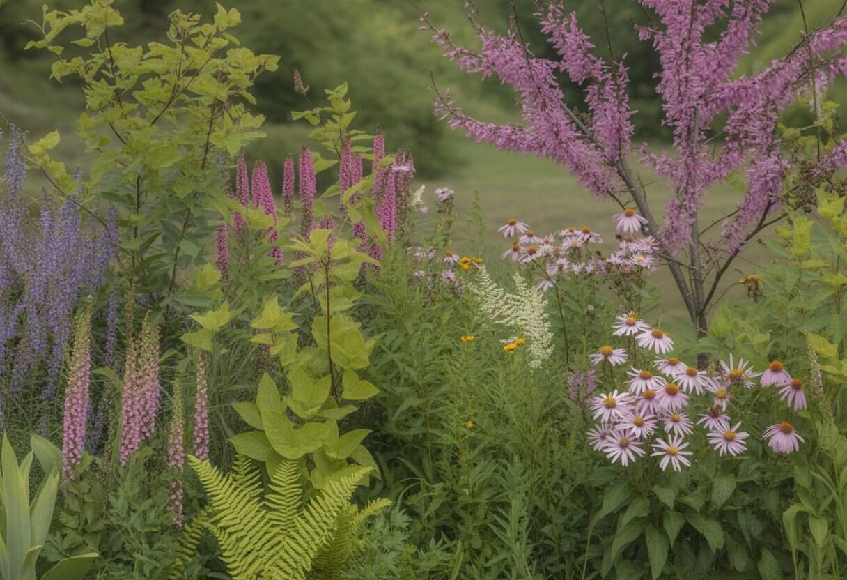 New York Native Plants: Essential Guide to Indigenous Flora for Your Garden 3 A natural garden scene featuring a variety of native New York plants including flowering trees, purple coneflowers, asters, ferns, and grasses.