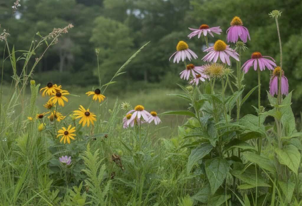 A close-up view of various Alabama native plants including purple coneflowers, black-eyed Susans, and native grasses in a woodland setting.