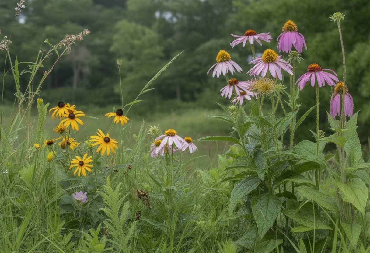 Alabama Native Plants: A Guide to Indigenous Flora for Your Landscape 1 A close-up view of various Alabama native plants including purple coneflowers, black-eyed Susans, and native grasses in a woodland setting.