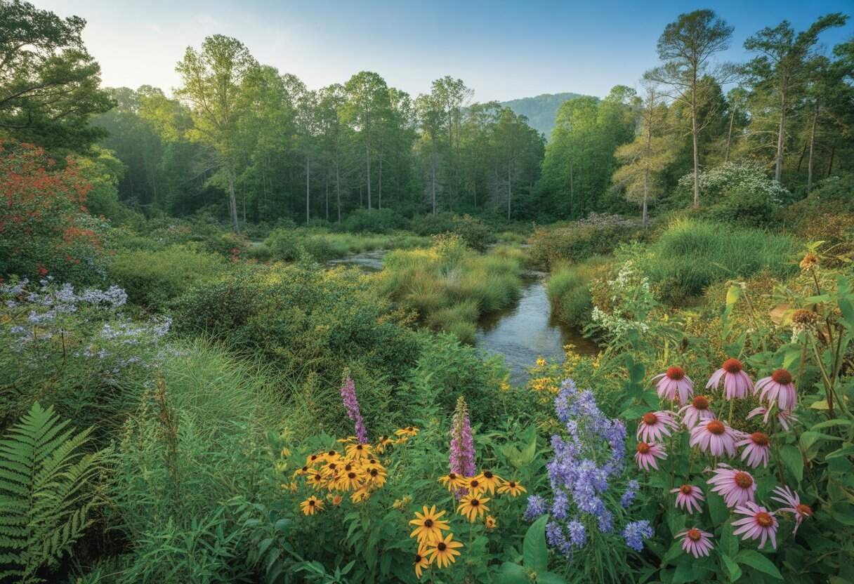 Alabama Native Plants: A Guide to Indigenous Flora for Your Landscape 2 A natural landscape in Alabama featuring diverse native plants including tall trees, colorful wildflowers, a clear stream, and rolling hills under a blue sky.