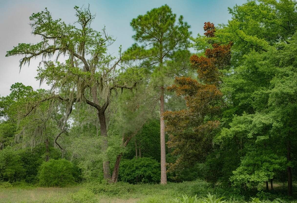 Alabama Native Plants: A Guide to Indigenous Flora for Your Landscape 3 A natural scene showing a variety of mature native trees in Alabama, including live oaks with Spanish moss, longleaf pines, and red maples under a clear sky.