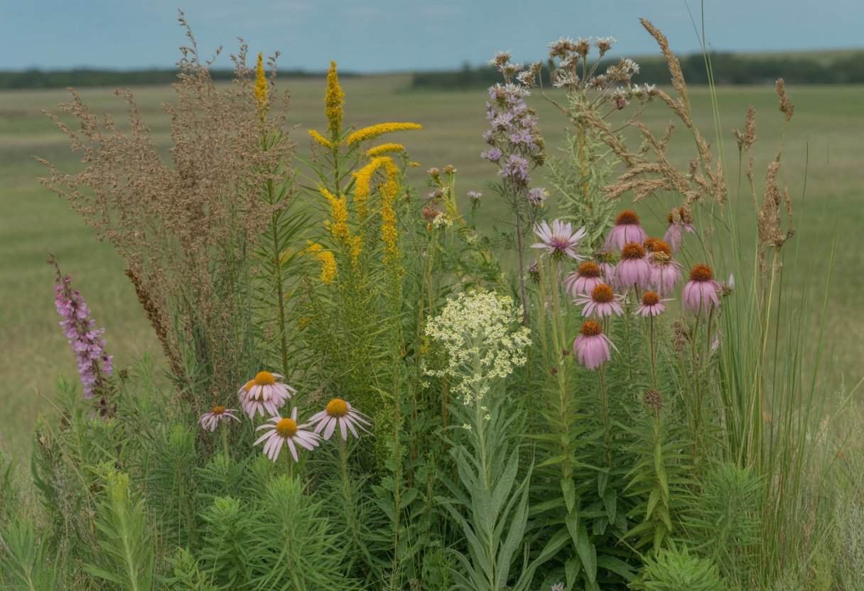 Nebraska Native Plants: A Guide to Indigenous Flora for Your Garden 1 A sunlit prairie scene with a variety of native Nebraska plants including wildflowers, grasses, and shrubs under a clear blue sky.