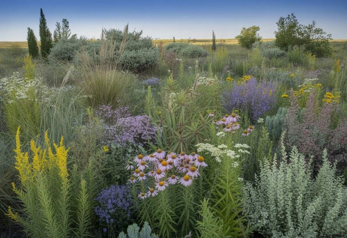 Nebraska Native Plants: A Guide to Indigenous Flora for Your Garden 2 A sunlit Nebraska prairie with various native grasses, wildflowers, shrubs, and small trees in a natural landscape.