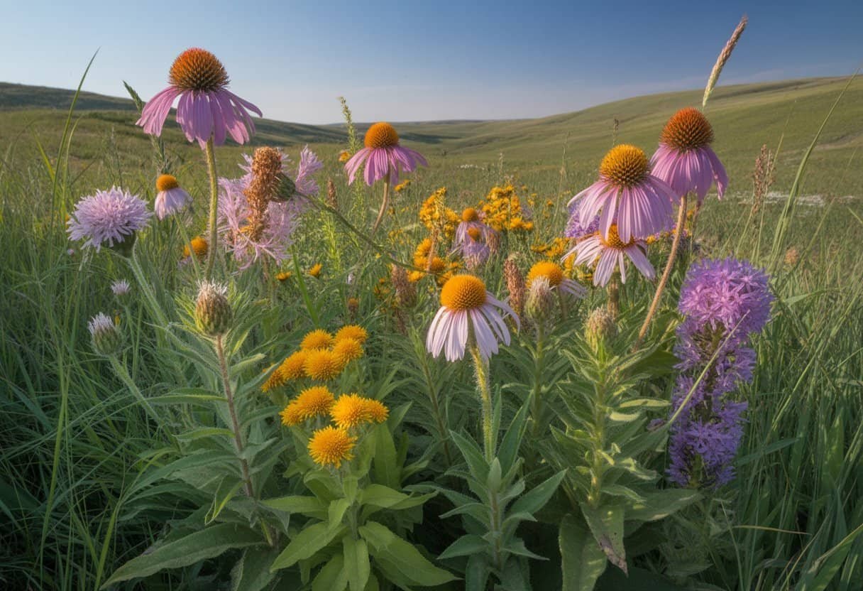 Nebraska Native Plants: A Guide to Indigenous Flora for Your Garden 3 A sunlit prairie landscape with various colorful native Nebraska wildflowers blooming among green grasses and rolling hills under a clear blue sky.