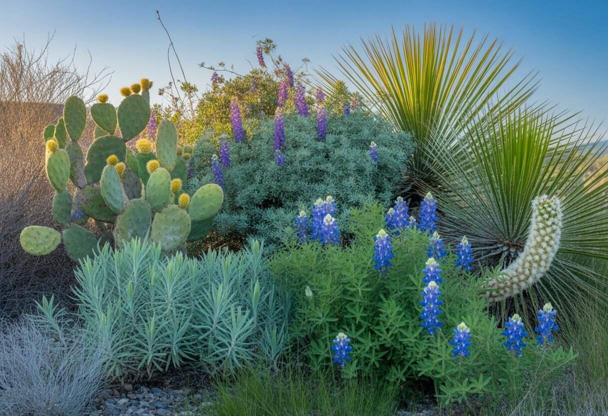 San Antonio Native Plants: A Guide to Local Flora for Sustainable Landscaping 1 A collection of native San Antonio plants including Texas sage, bluebonnets, prickly pear cactus, and yucca in a sunny outdoor setting with a clear sky.