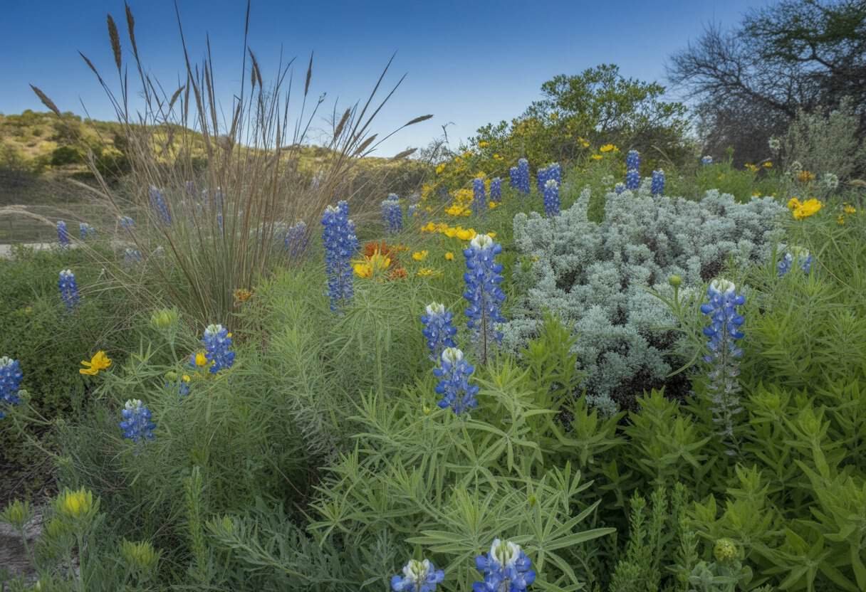 San Antonio Native Plants: A Guide to Local Flora for Sustainable Landscaping 2 A garden full of colorful native plants and wildflowers thriving under a clear blue sky in a Texas landscape.