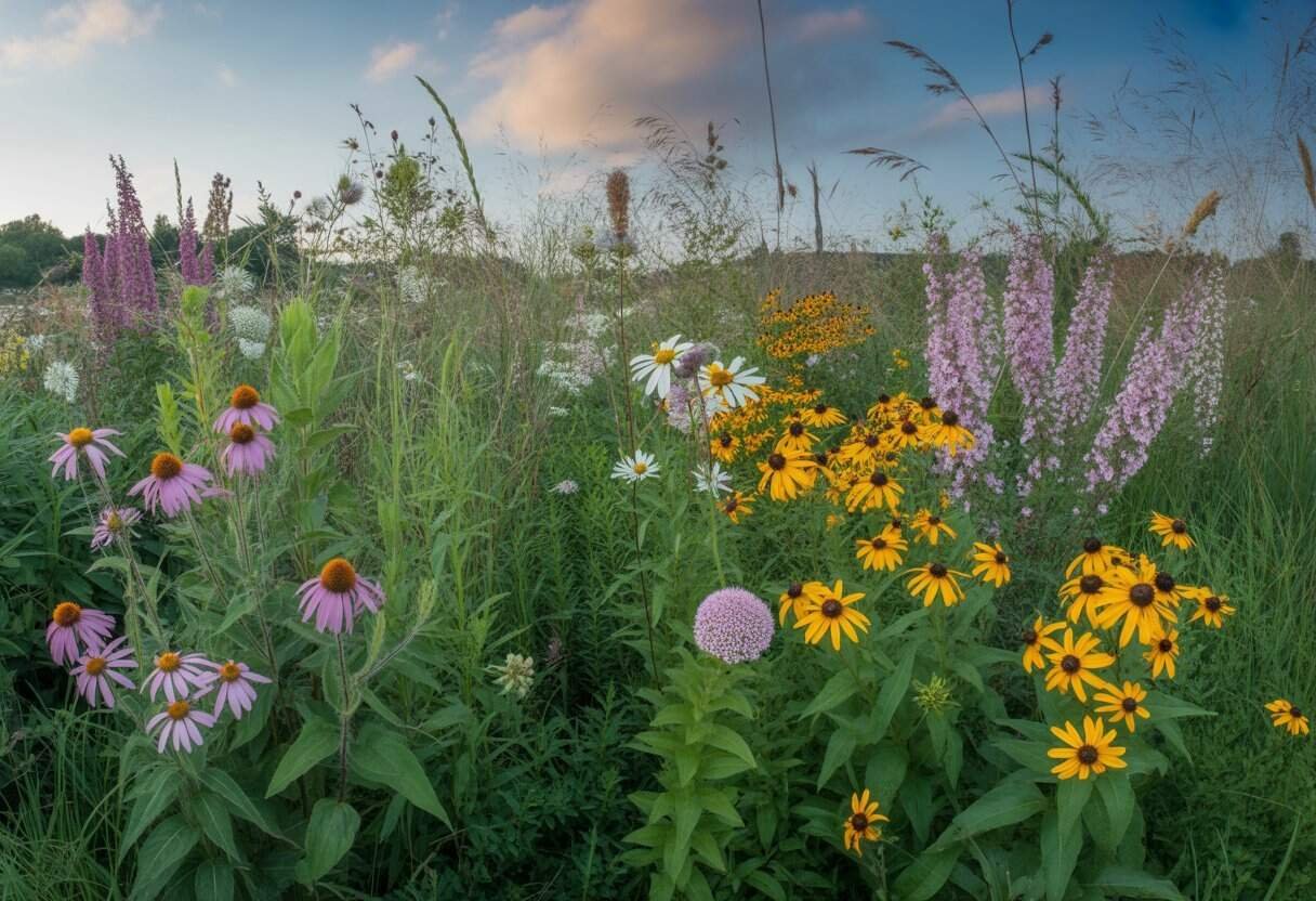 Delaware Native Plants: 10 Essential Species for Your Sustainable Garden 1 A sunlit meadow filled with various Delaware native plants, including wildflowers and grasses, under a blue sky.