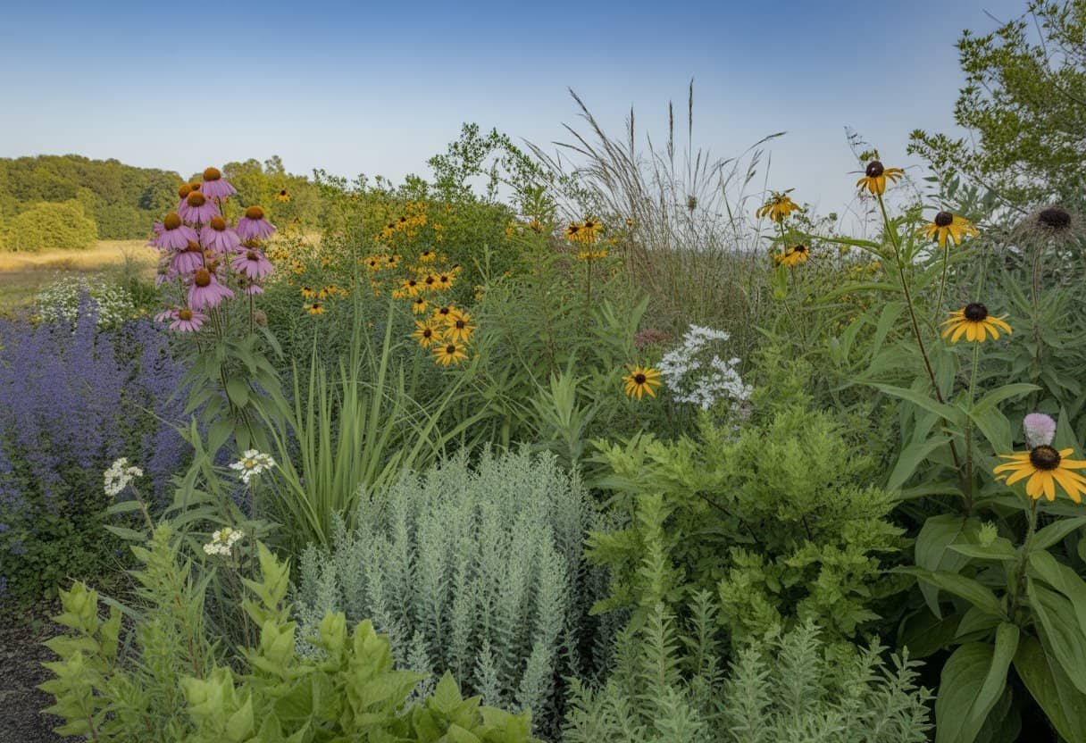 Delaware Native Plants: 10 Essential Species for Your Sustainable Garden 2 A garden filled with various native Delaware plants including wildflowers and shrubs under a clear blue sky.