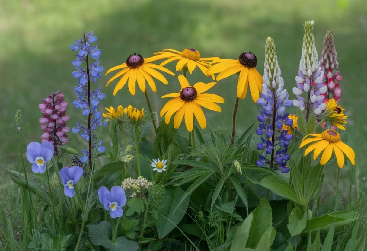Delaware Native Plants: 10 Essential Species for Your Sustainable Garden 3 A natural outdoor scene with various blooming native Delaware flowers surrounded by green leaves and grass.