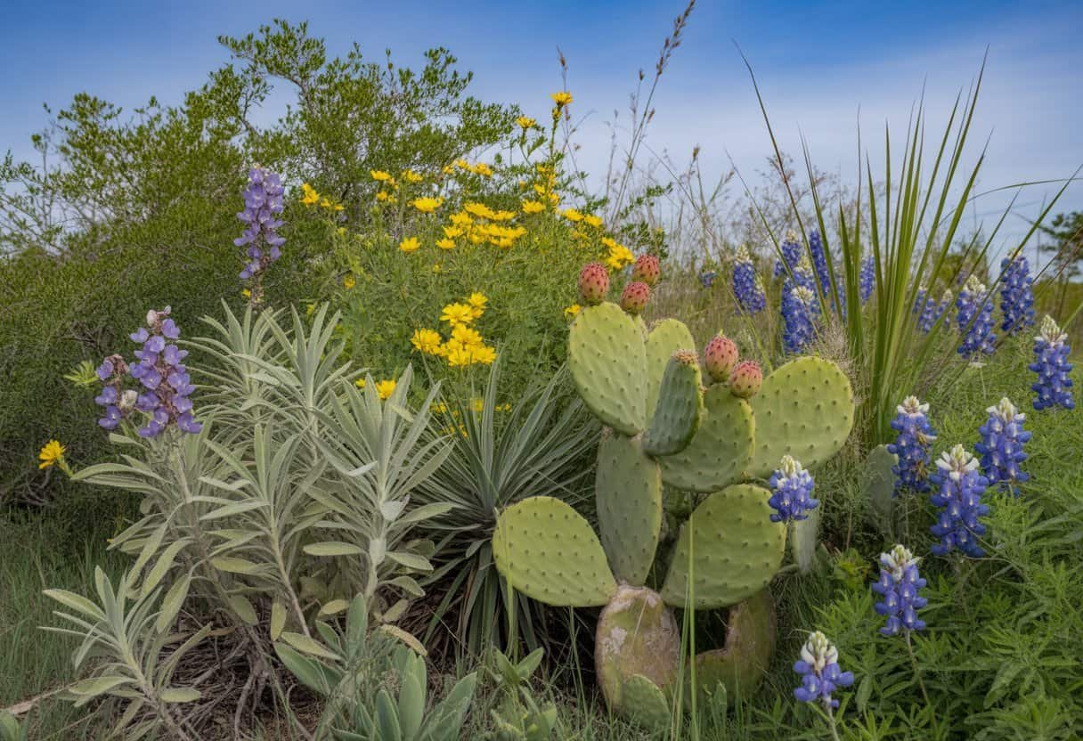 Austin Native Plants: Top 10 Species for Sustainable Landscaping 1 A variety of native Austin plants including Texas sage, Indian blanket wildflowers, prickly pear cactus, and bluebonnets in a sunny outdoor setting.