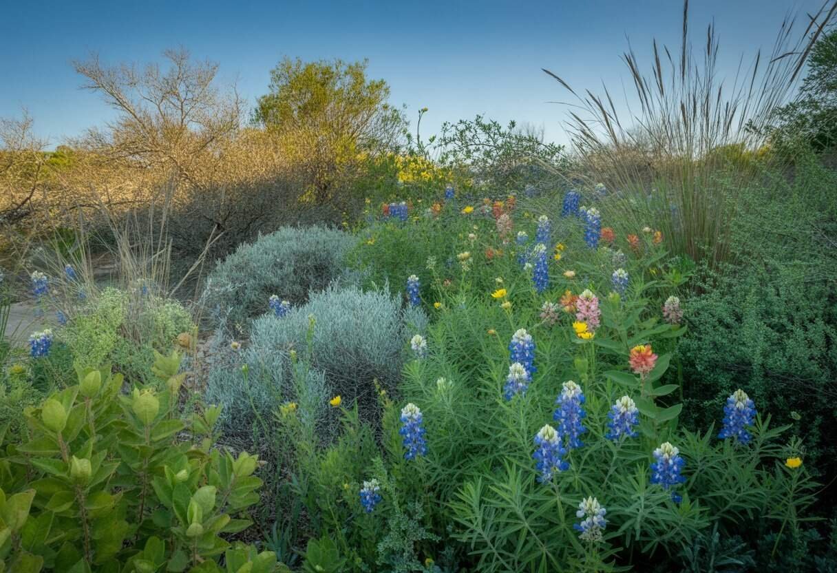 Austin Native Plants: Top 10 Species for Sustainable Landscaping 2 A sunlit garden filled with colorful native plants and wildflowers typical of Austin, Texas.
