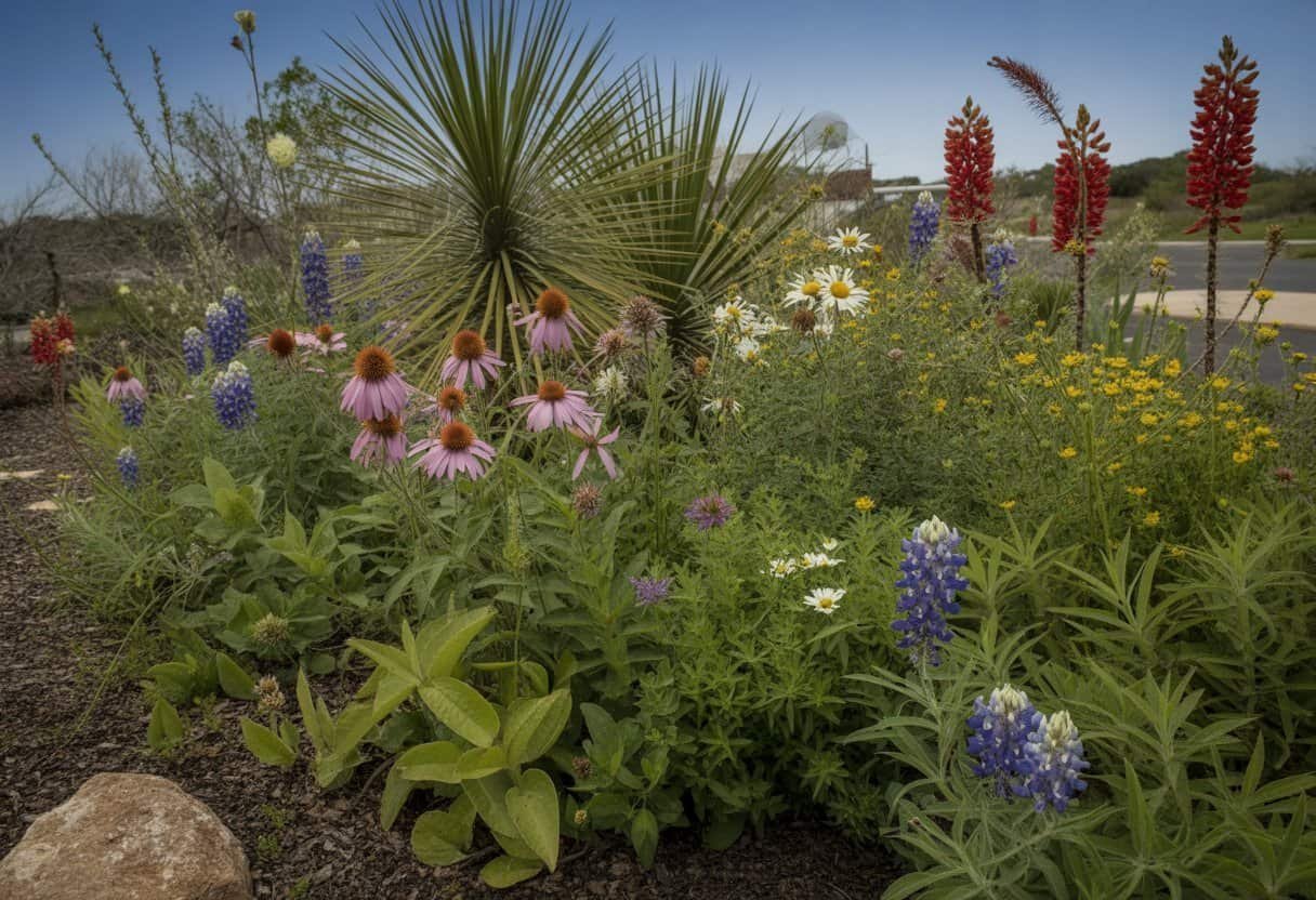 Austin Native Plants: Top 10 Species for Sustainable Landscaping 3 A garden with various native plants of Austin, including purple coneflowers, bluebonnets, blackfoot daisies, and red yucca under a clear sky.
