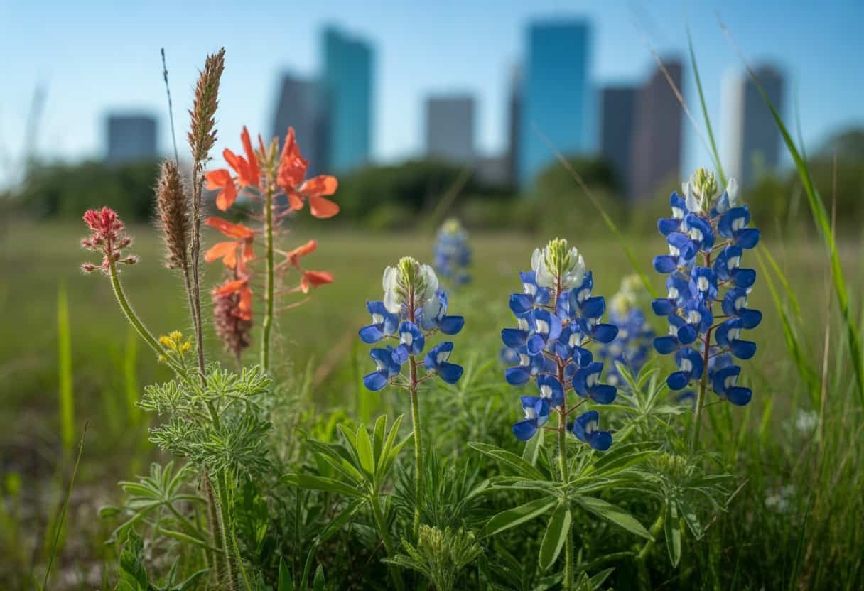 Native Plants Houston: A Guide to Local Flora for Sustainable Landscaping 1 A variety of native Houston plants including wildflowers and grasses in a sunny outdoor garden with a distant city skyline.