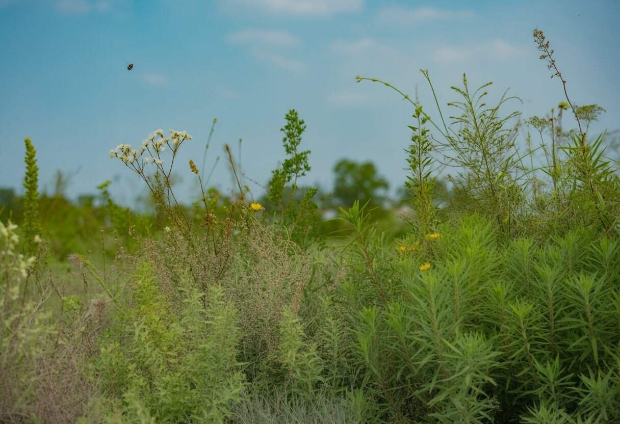 Native Plants Houston: A Guide to Local Flora for Sustainable Landscaping 2 A natural scene of diverse native Houston plants with wildflowers, grasses, and pollinators under a clear blue sky.
