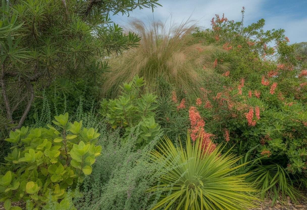 Native Plants Houston: A Guide to Local Flora for Sustainable Landscaping 3 A garden bed filled with various green and flowering native plants typical to Houston, under a clear blue sky.