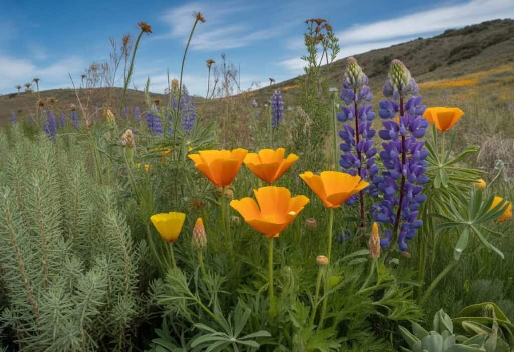 A natural outdoor scene with various native plants from Sacramento, including orange poppies, purple lupines, and green sagebrush under a clear blue sky.
